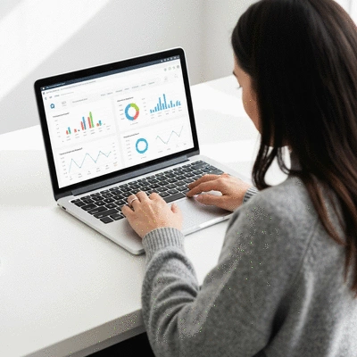 User using a keyword rank checker tool on a laptop