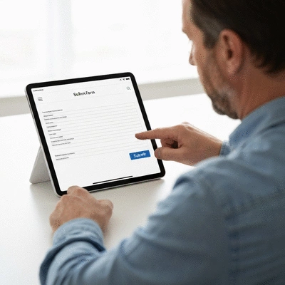 User submitting online form on tablet